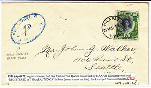 Tonga 21-4-1931 registered Haapi to USA franked 7½d Queen Salote via Fiji