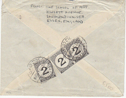Gold Coast 1939 Postage Dues underpaid Airmail from Great Britain to Takoradi.
