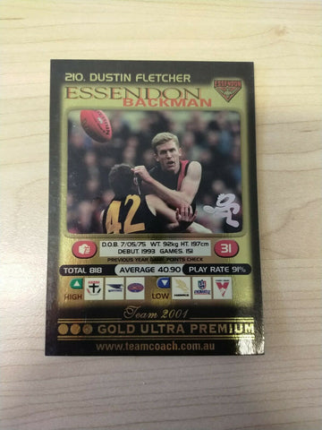 2001 Teamcoach Gold Prize Card Essendon 210 Dustin Fletcher