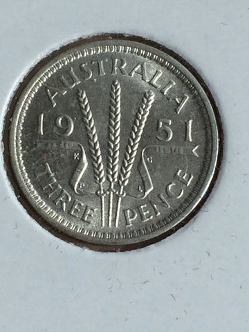 Australia 1951 PL Threepence 3d Brilliant Uncirculated. London Mint