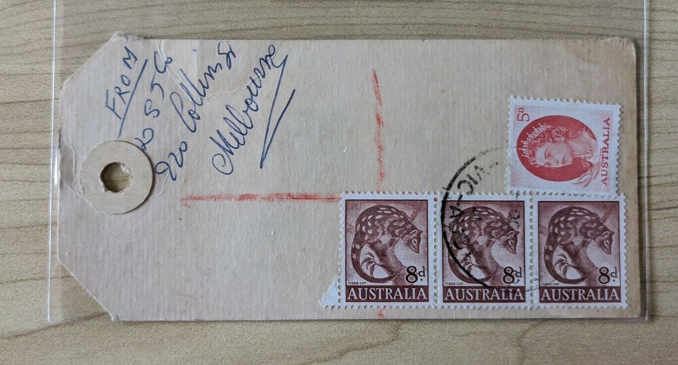 Australia Parcel Tag With 8d Tiger Cat Stamp Strip Of 3 Rare