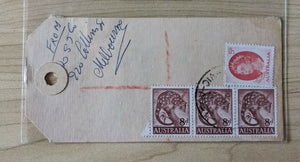 Australia Parcel Tag With 8d Tiger Cat Stamp Strip Of 3 Rare