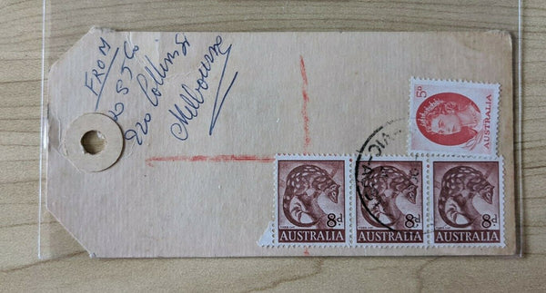 Australia Parcel Tag With 8d Tiger Cat Stamp Strip Of 3 Rare