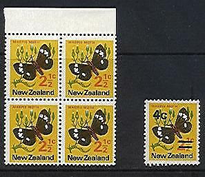 NZ New Zealand SG 957ab 4c on 2½c moth with albino surcharge block of 4 + norm