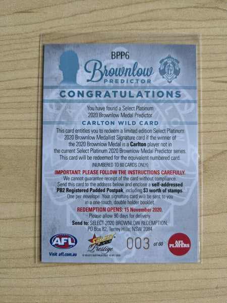 2020 AFL Select Prestige Platinum Brownlow Predictor CARLTON WILD CARD 3/60