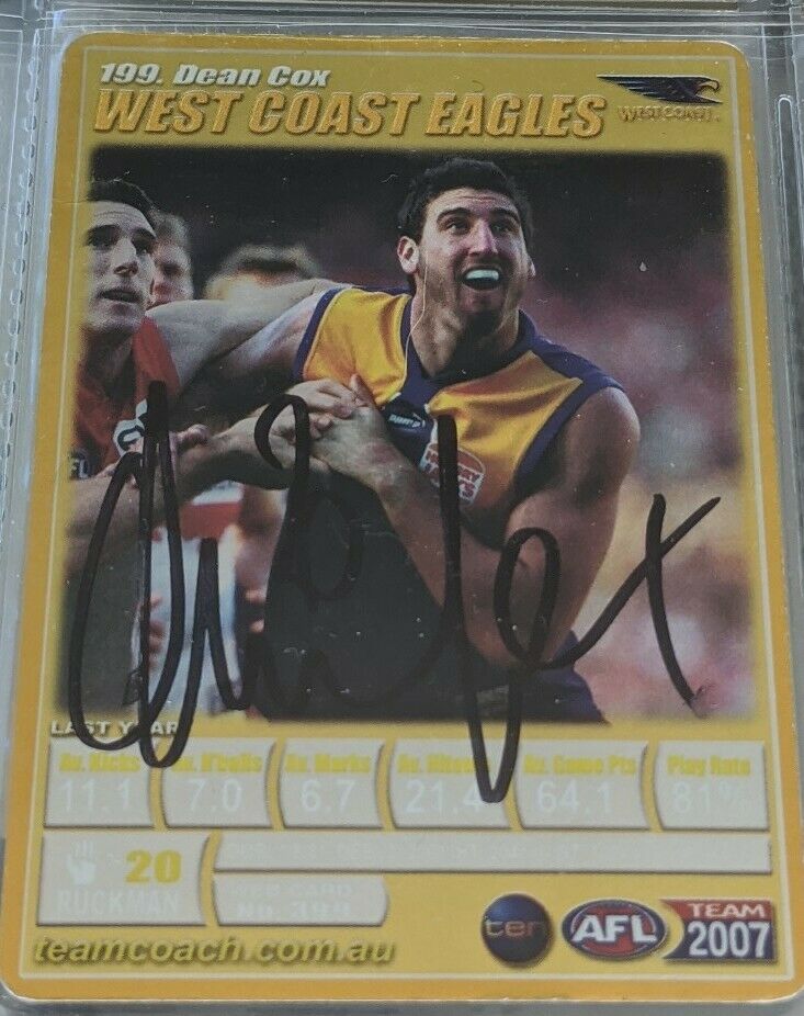 2007 AFL Teamcoach Gold Card Dean Cox West Coast Eagles Hand Signed