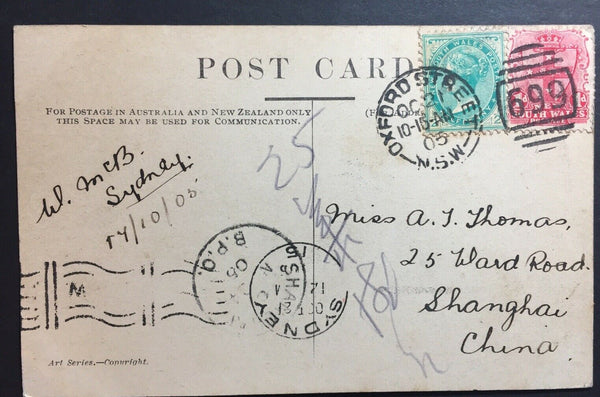 China- Shanghai Inwards 1905 Sydney Harbour PPC Sydney/HK/BPO Shanghai Markings