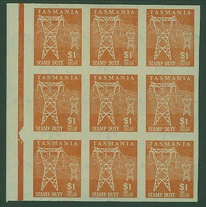 Tasmania 1966 Stamp Duty $1 electricity lines Imperf in block of 9 Superb MUH