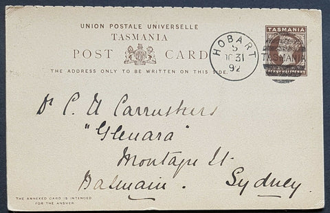 Tasmania Australian States ½d  + ½d Brown Reply Post card used Hobart - Sydney