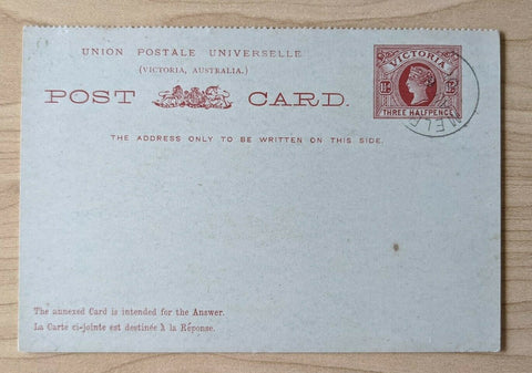 Victoria Australian States 1½d Reply Post Card postal stationery CTO Melb PC20