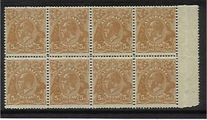 Australia SG 103a 5d brown KGV in block of 8 MUH Stamps