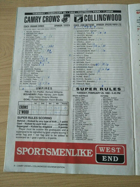 AFL 1992 Camry Adelaide Crows v Collingwood. Souvenir Football Record