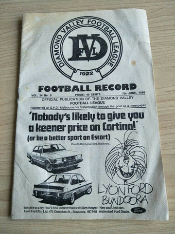 Football 1980 7th June Diamond Valley Football League Football Record Vol. 24, No. 9