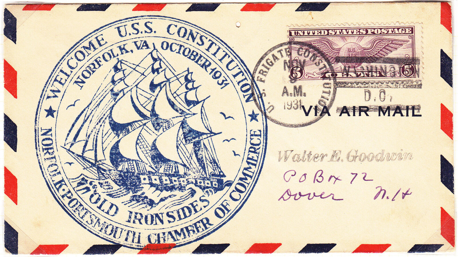 USA Rotary Club Air mail cover cancelled US Frigate Constitution 1931