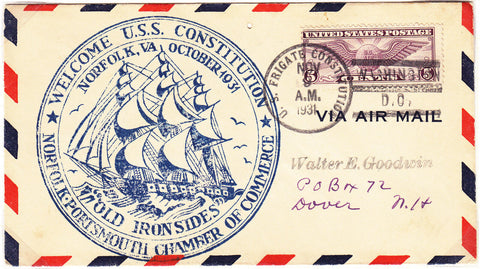 USA Rotary Club Air mail cover cancelled US Frigate Constitution 1931