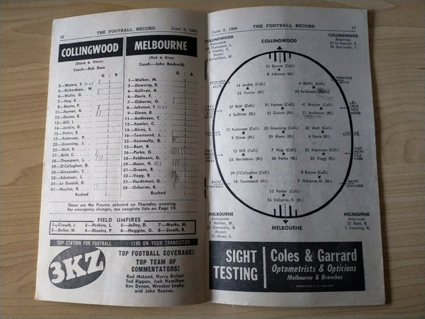 VFL 1968 June 8 Football Record Collingwood v Melbourne