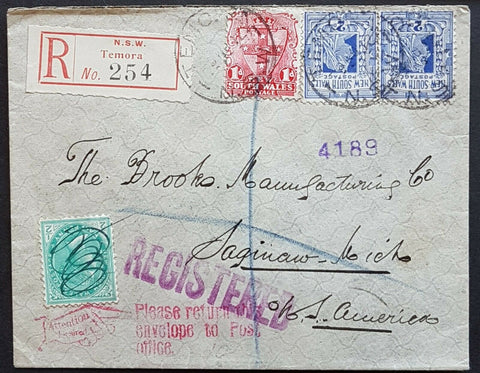 NSW - USA registered from Temora but returned for additional ½d postage, unusual