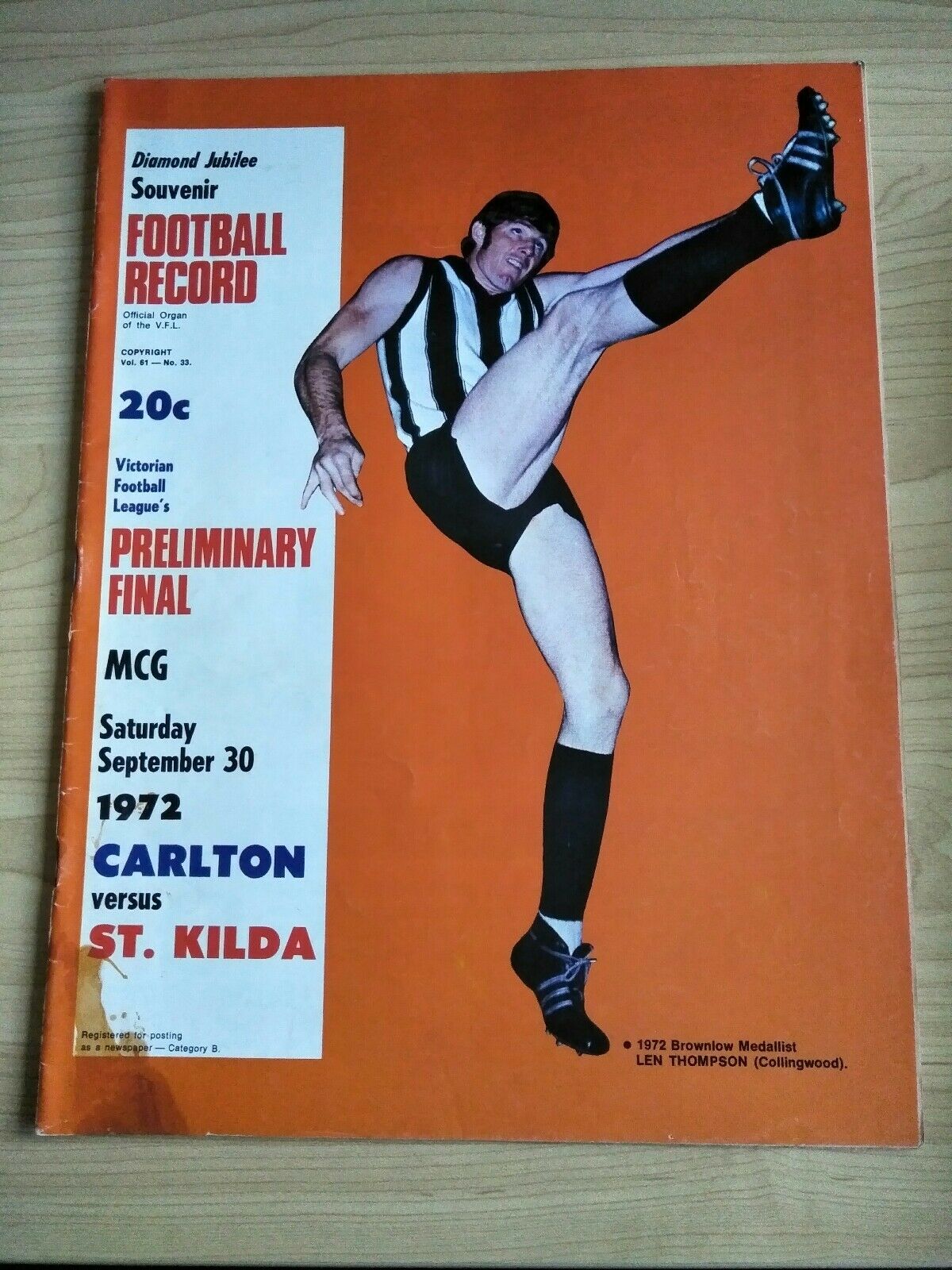 VFL 1972 Preliminary Final Football Record Carlton v St Kilda