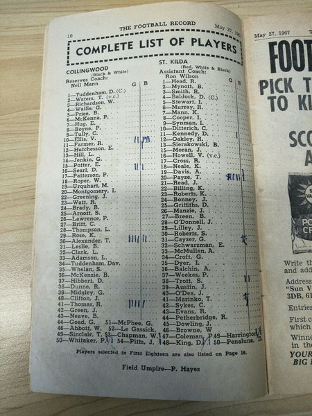 VFL 1967 May 27 Football Record Collingwood v St Kilda