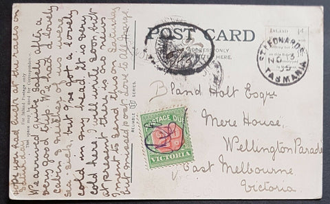Tasmania 1905 unstamped postcard St Leonards - E Melbourne, with Victoria 2d due