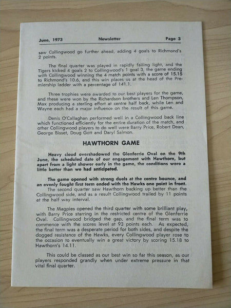 VFL 1973 Collingwood Football Club Newsletter x2 and Newspaper cutting