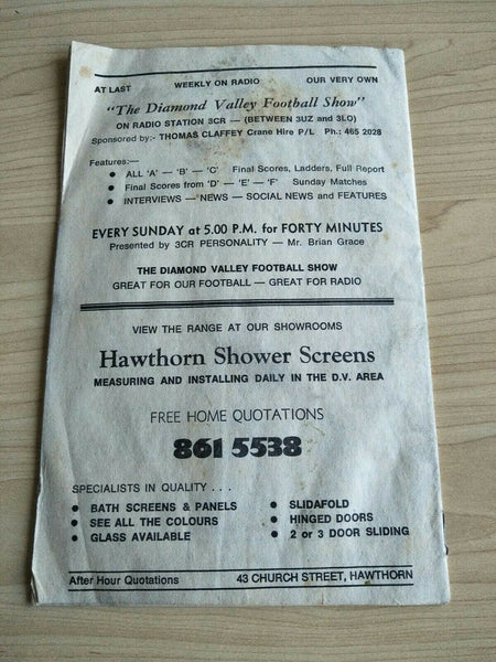 Football 1980 7th June Diamond Valley Football League Football Record Vol. 24, No. 9