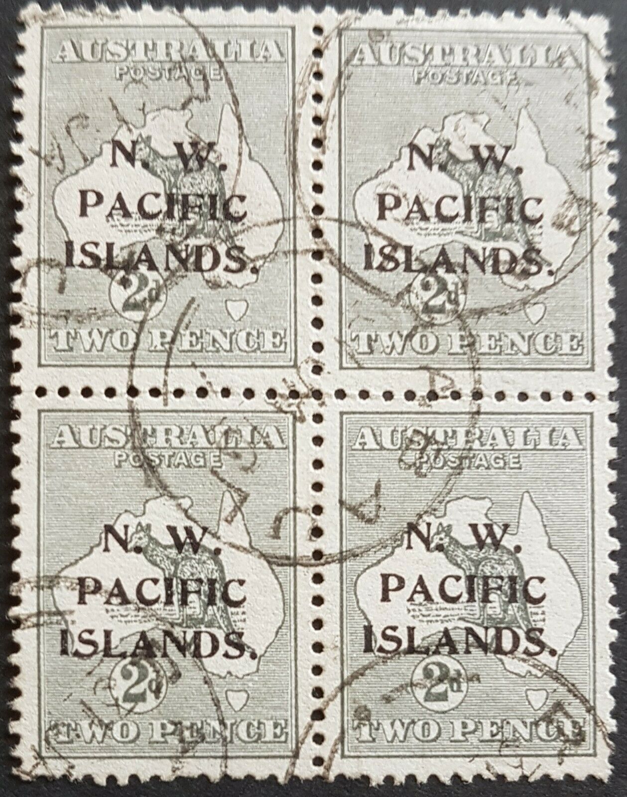 NWPI New Guinea on Australia 2d Kangaroo block of 4. Scarce multiple SG 73, U