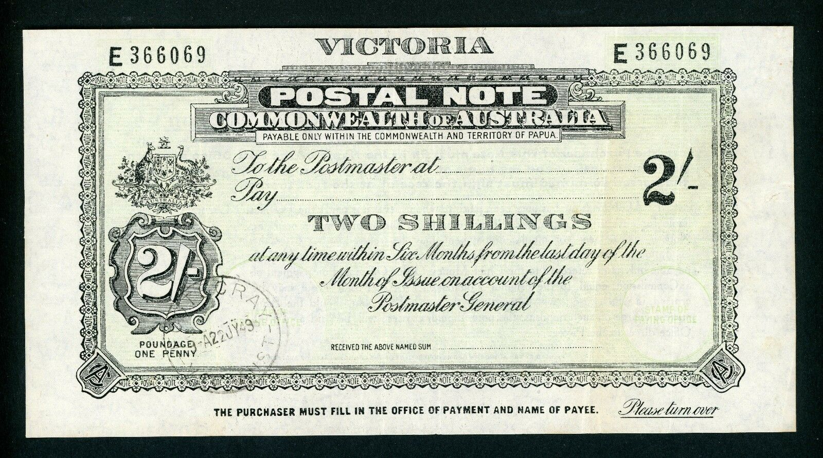 Australia Victoria 2/- Postal Note banknote postal stationery Footscray 1949