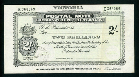 Australia Victoria 2/- Postal Note banknote postal stationery Footscray 1949