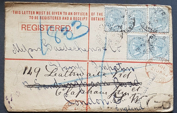NSW - GB 5x½d Grey Queen Sydney on Registered Envelope HG8 redirected to London.