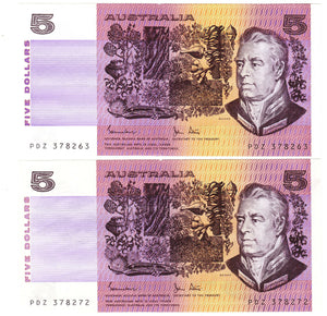 Australia R208 $5 Johnston/Stone Uncirculated Pair