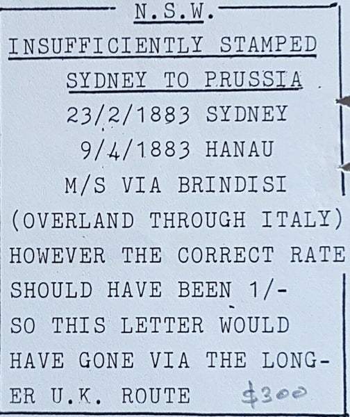 NSW Germany Sydney - Prussia via Brindisi insufficiently paid so went via UK