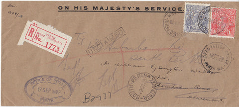 Australia 1½d red, 3d KGV, 1928 OHMS registered, unclaimed, sent to D.L.O.