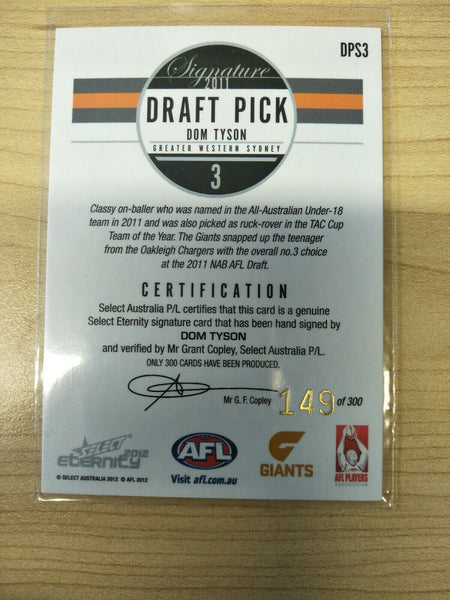 2012 Select Eternity Draft Pick Signature Dom Tyson GWS No. 149/300