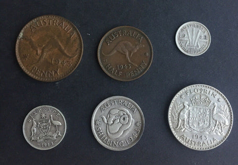 Australia 1943 Pre Decimal 6 Coin Set  IDEAL BIRTHDAY GIFT