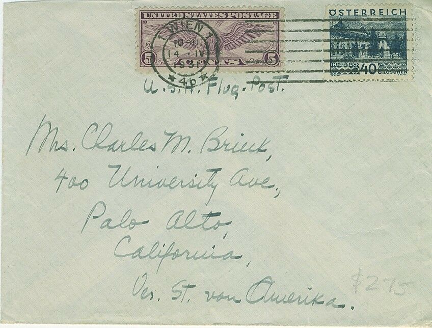 Austria - USA Air mail cover with combination stamps from both countries