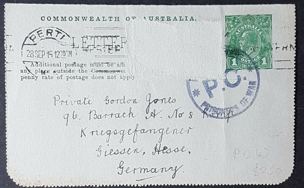 Australia Letter Card 1d KGV fruit exhibit Adelaide  LC 55-48 to POW so censored