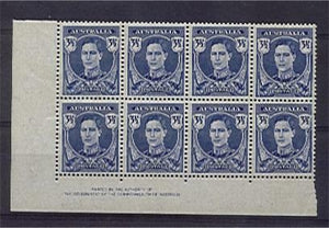 Australia SG 207a 3½d KGVI bright blue thin paper imprint block of 8 + perf pip