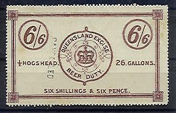 Queensland Beer Duty 6/6 brown (26 gallons) overprinted Cancelled. Revenue stamp