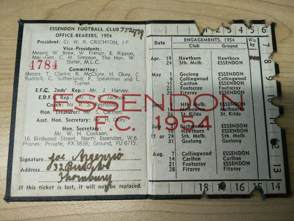 VFL 1954 Essendon Football Club Membership Season Ticket No. 4784