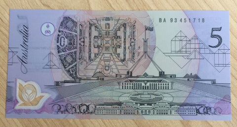 R216F 1993 $5 Fraser Evans Polymer Banknote First Prefix BA93 Uncirculated