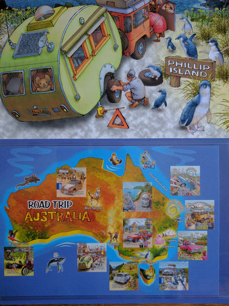 Australia RoadTrip cars map Whales reptiles animals flags scarce Stamp Pack