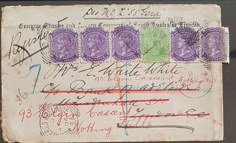 SA, GB, 5½d Registered 1904 cover readdressed to Notting Hill, per SS Gera