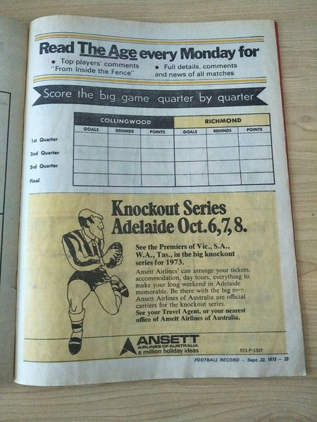 VFL 1973 Preliminary Final Football Record Collingwood v Richmond