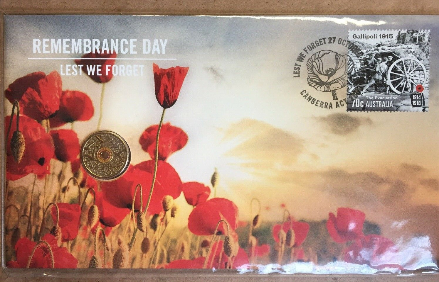 2015 $2 Remembrance Day Lest We Forget PNC with Coloured $2 Coin