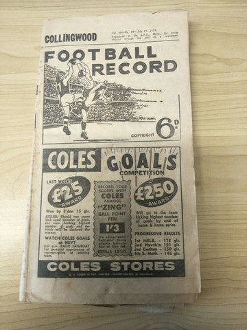 VFL 1959 July 25th Football Record Collingwood v Melbourne
