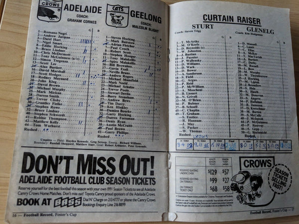 AFL 1991 Foster's Cup Special Pre Season Edition Adelaide v Geelong