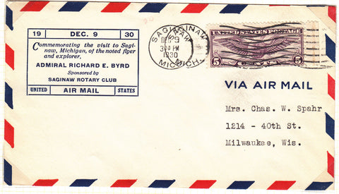 USA Rotary Air mail to Saginaw for Admiral Byrd's visit Antarctic pilot explorer