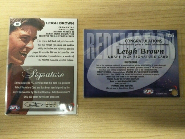 2000 Select AFL Millenium Draft Pick Signature Card + Redemption Leigh Brown