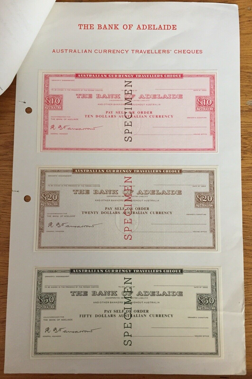 Australia 1973 The Bank of Adelaide $10, $20 & $50 Travellers Cheque Overprinted Specimen